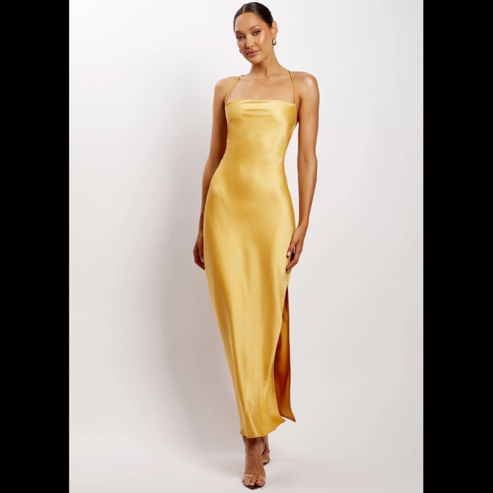 MESHKI Sydney Satin Maxi Dress XXL NWT Open Back Yellow Formal Gown